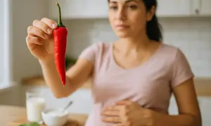 Donna incinta tiene un peperoncino rosso, con latte e yogurt sullo sfondo.