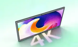 Elegancki monitor z kolorowym, abstrakcyjnym wzorem na ekranie, prezentujący rozdzielczość 3840 x 2160.