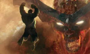 Hulk walczy z potężnym, płonącym demonem w jednej ze scen z filmów Chrisa Hemswortha.