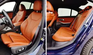Wnętrze BMW z brązową skórzaną tapicerką foteli.