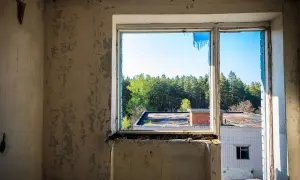 Widok z okna na zniszczony budynek i las. Wnętrze to pustostan z odpadającą farbą.