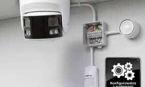 Kamera IP z funkcją onvif, czujnik ruchu i sygnalizator alarmowy podłączone do puszki instalacyjnej.