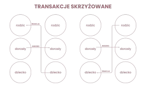 Schemat analizy transakcyjnej: rodzic, dorosły, dziecko w interakcji. Bodziec i reakcja między stanami ego.