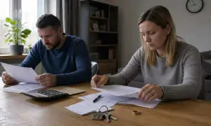 Para rozlicza dokumenty, zastanawiając się, jak długo po rozwodzie można ubiegać się o podział majątku. Klucze i obrączka na stole.