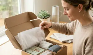 Mujer preparando el empaquetado de productos en una caja de cartón. Se ven varios artículos envueltos y decorados con cuerdas.