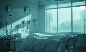 Pusta sala szpitalna z łóżkiem, kroplówką i dwoma zegarami. Zastanawiasz się, ile dni po punkcji lędźwiowej spędzisz w szpitalu?