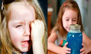 Niña llorando a la izquierda, y a la derecha, la misma niña observando un tarro de la calma lleno de líquido azul brillante.