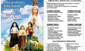 Matka Boża z Fatimy i dzieci, zachęcająca do poznania Jezusa. Wtorek to dzień tajemnic bolesnych różańca.
