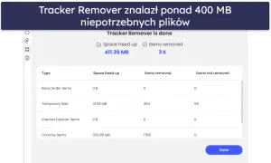 Wynik skanowania Tracker Remover: zwolniono 411 MB, usunięto 3 tys. elementów. Podobnie jak mcafee anti-virus, program dba o czystość systemu.