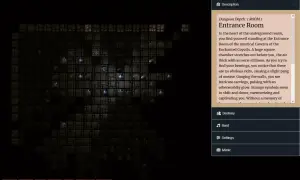 Widok z gry roguelike: mapa lochów, statystyki postaci i opis pomieszczenia.