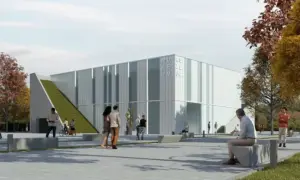 Nowoczesne Muzeum Sztuki, jedna z najnowszych atrakcji turystycznych w Polsce, z zielonym dachem i ludźmi spacerującymi po placu.