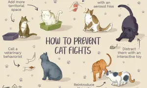 An orange cat lunges towards a calico cat, illustrating how to prevent cat fights.