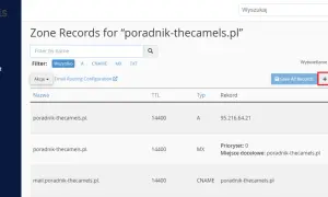 Panel zarządzania rekordami DNS. Widoczne wpisy dla domeny poradnik-thecamels.pl, w tym rekordy A, MX i CNAME. Możliwość edycji i usuwania wpisów.