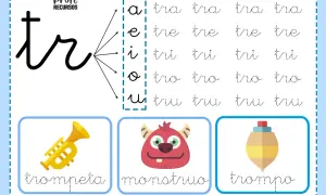 Hoja de práctica para trazar palabras con "tr": trompeta, monstruo y trompo. Incluye sílabas como tra, tre, tri, tro, tru.