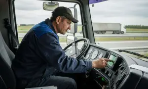 Conducteur de poids lourds interagissant avec le chronotachygraphe, un outil essentiel pour la gestion des temps de conduite et de repos.