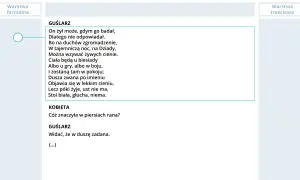Fragment tekstu z dramatu "Dziady cz. III" z zaznaczonymi dialogami Guślarza i Kobiety.