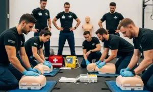 Uczestnicy kursu kwalifikowanej pierwszej pomocy ćwiczą resuscytację na fantomach. Egzamin z praktycznych umiejętności ratowniczych.