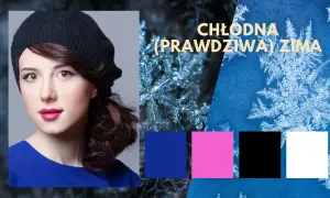 Chłodna zima kolory: młoda kobieta w czarnym beretcie i niebieskiej bluzce, obok płatki śniegu i paleta barw: granat, róż, czerń, biel.