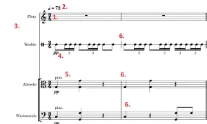 Fragment partytury: flety, werble, altówki i wiolonczele. Tempo 72, dynamika pp. Tło utworu.