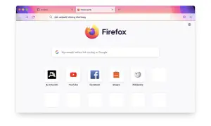Przeglądarka Firefox z paskiem wyszukiwania "Jak ustawić stronę startową". Widoczne ikony ulubionych stron: Antyweb, YouTube, Facebook, Allegro, Wikipedia.