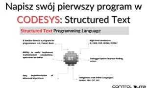 Diagram przedstawia Structured Text w CODESYS, język programowania podobny do C, z funkcjami jak IF, CASE, FOR, WHILE, REPEAT.