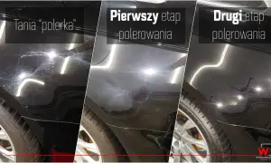 Porównanie efektów polerowania: tania polerka vs. profesjonalne etapy. Widoczne hologramy i zmatowienie lakieru po taniej metodzie, a po profesjonalnym polerowaniu głęboki połysk i brak śladów oksydacji.