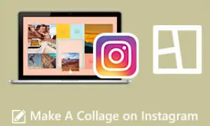 Jak zrobic kolaż na IG? Laptop z wieloma zdjęciami, logo Instagrama i ikonka kolażu.