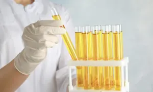 Rękawiczka laboratoryjna trzyma probówkę z żółtym płynem, obok stoją kolejne probówki. Analiza na obecność glukozy w moczu.