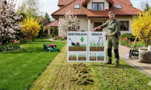 Mężczyzna prezentuje proces rekultywacji trawnika, pokazując różnicę między wertykulacją a aeracją.
