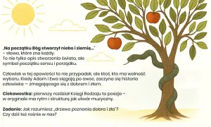 Ilustracja do opracowania "Księga Rodzaju – Początek wszystkiego". Drzewo z wężem i jabłkami, słońce, chmurki.