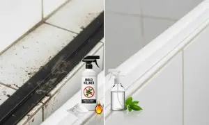 Przed i po: brudna fuga z pleśnią i czysta, biała fuga po użyciu preparatu na pleśń.