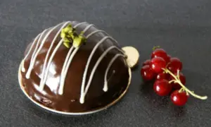 Schokoladen-Rumbombe mit weißen Streifen und Pistazien, daneben rote Johannisbeeren. Ein leckeres Rezept für eine Rumbombe.