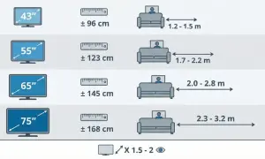 Guide pour savoir à quelle hauteur fixer TV au mur : tailles d'écrans (43" à 75") et distances de visionnage recommandées.