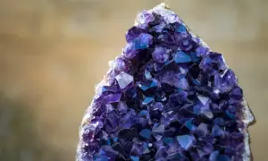 Ein glitzernder, tief violetter Amethyst-Kristall. Die lila Stein Bedeutung wird oft mit Ruhe und Klarheit assoziiert.