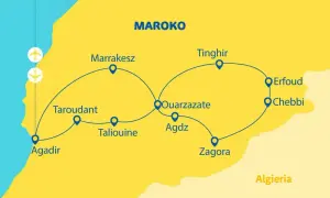 Mapa Maroka z trasą turystyczną: Agadir, Taroudant, Marrakesz, Ouarzazate, Agdz, Zagora, Tinghir, Erfoud, Chebbi. Dwa samoloty sugerują, ile się leci do Maroko.