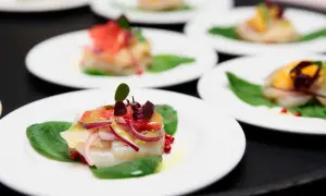 Carpaccio de saint jacques frais, garni de pamplemousse, oignons rouges et pousses sur des feuilles d'épinards.