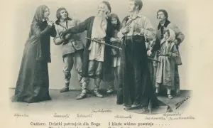 Scena z "Dziadów cz. IV": Guślarz z laską, obok postacie w strojach ludowych, w tym Wysocka i Zawierski.