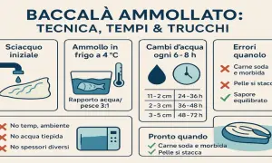 Guida per l'ammollo del baccalà: sciacquo iniziale, ammollo in frigo a 4°C, cambi d'acqua ogni 6-8 ore, tempi variabili per spessore. Evitare errori comuni.