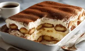 Un délicieux tiramisu sans café, crémeux et léger, saupoudré de cacao. Une gourmandise parfaite pour tous.