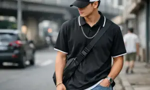 Junger Mann mit schwarzem Poloshirt, grauem Baseballcap und Umhängetasche.