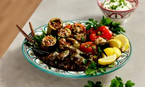 En tallrik med fyllda grönsaker och vinblad, perfekt för ett dolma recept. Serveras med citronklyftor och en skål med yoghurt.