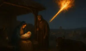Narodzenie Jezusa w stajni. Maryja tuli Dzieciątko, Józef czuwa. Nad Betlejem jaśnieje niezwykła gwiazda, być może gwiazda Remphana, zapowiadająca wielkie wydarzenie.