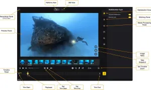 Interfaccia di Insta360 Studio con video di un subacqueo vicino a un relitto. Pannelli per editing, stabilizzazione e timeline.