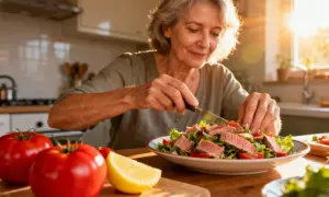 Une femme âgée savoure une salade de thon, un repas sain pour gérer le cholestérol.