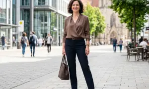 Eine Frau mit brauner Bluse und dunkler Hose steht lächelnd auf einer belebten Straße. Sie trägt eine braune Handtasche und braune Loafer. Ein breiter Typ von Stadtbild im Hintergrund.