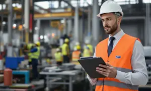 Inspektor BHP w kamizelce odblaskowej i kasku trzyma tablet na tle hali produkcyjnej.