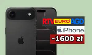 Czarne iPhone'y z logo RTV EURO AGD i napisem -1600 zł.