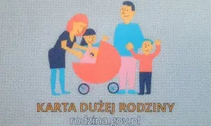 Ilustracja przedstawia rodzinę z wózkiem. To karta dużej rodziny, symbolizująca wsparcie dla wielodzietnych.