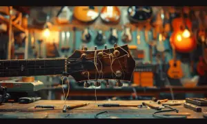 Główka gitary elektrycznej z luźnymi strunami na tle warsztatu z gitarami.