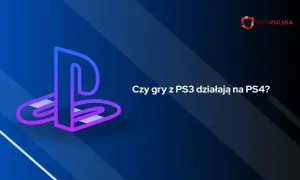 Logo PlayStation z tekstem "Czy gry z PS3 działają na PS4?" na niebieskim tle.